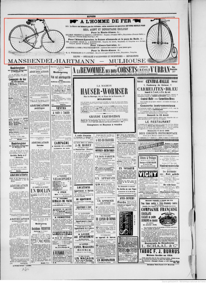 Journal L'Express de Mulhouse du 7 avril 1888 (p.4) : vente de vélocipèdes, leçons, spécialité d'accessoires et fournitures, réparations.